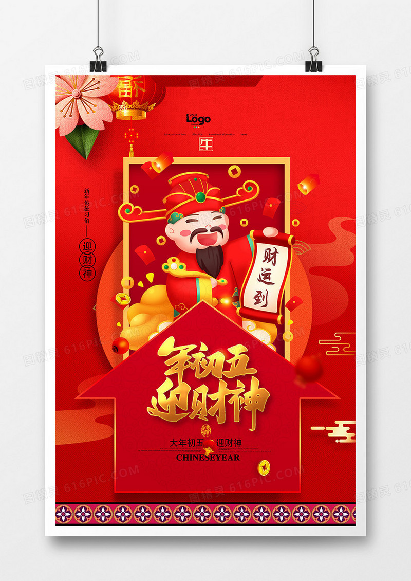中国风红色新年习俗年初五迎财神系列海报设计